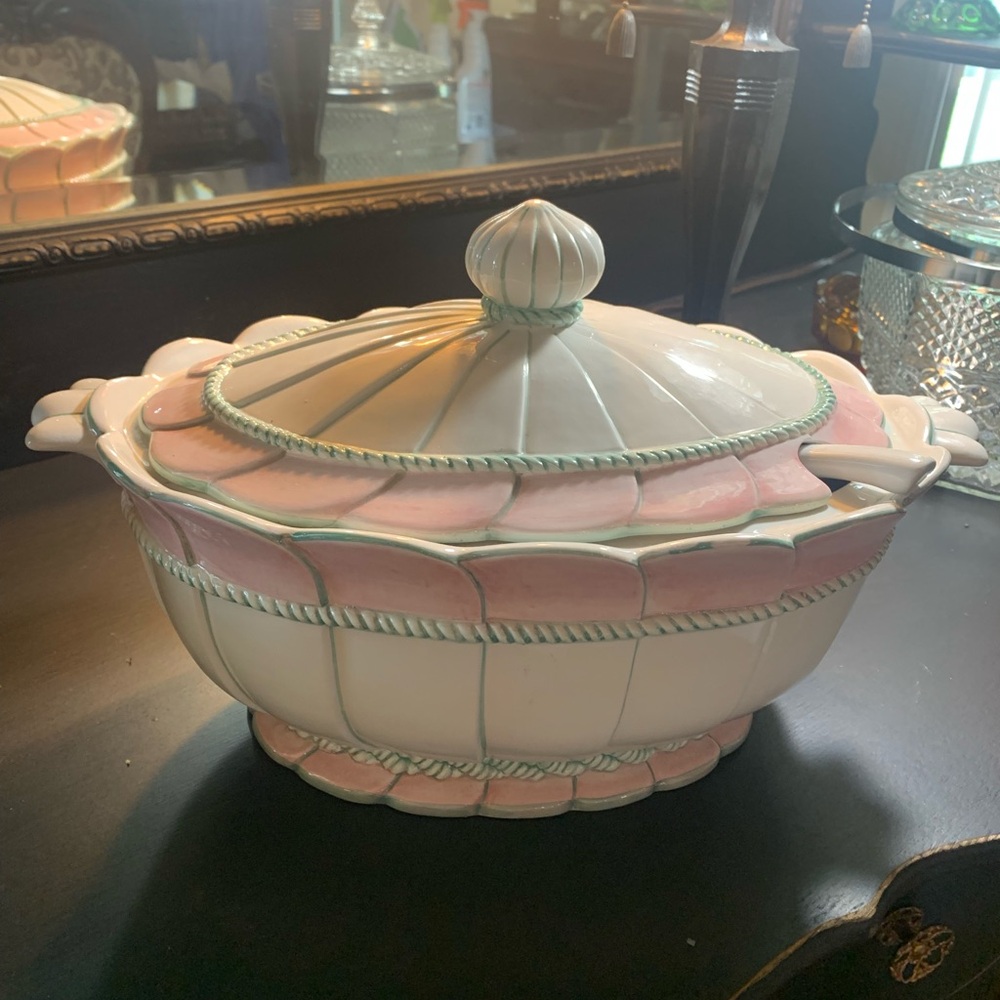 Elegant Pink and White Ceramic Tureen